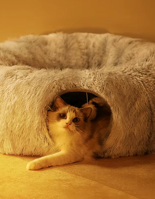 Load image into Gallery viewer, Plush Pets Cat Kennel Gray Foldable round Cats Nest Crossing Tunnel Bed Winter Warm Collapsible Basket Cushion Mat Pet Supplies
