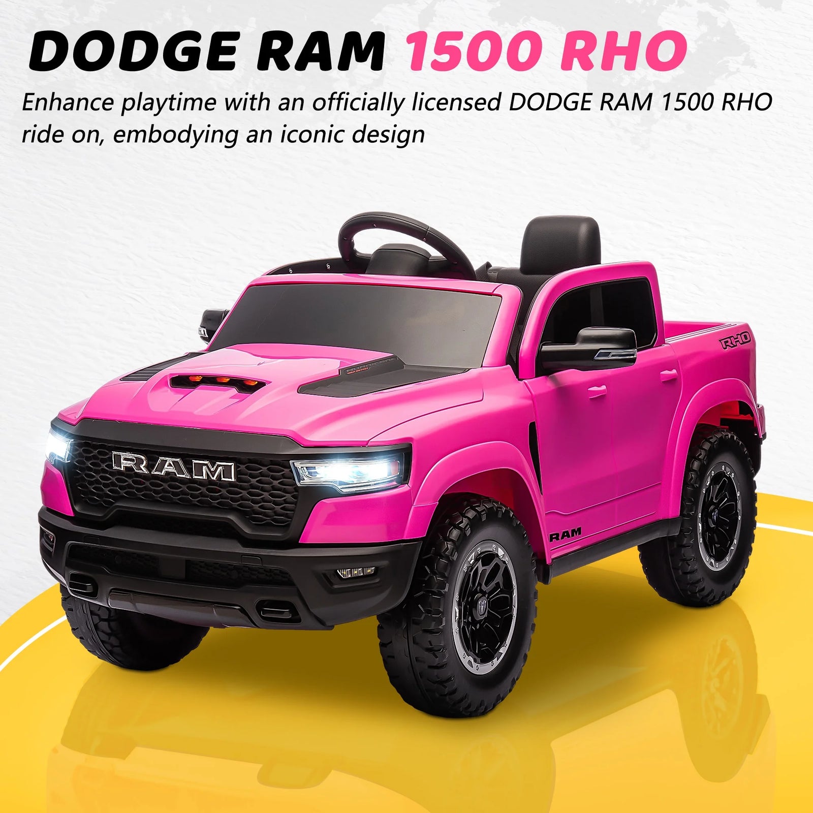 RAM Ride on Car, 12V Powered Ride on Toy with Remote Control, 4 Wheel Suspension, 5 Point Safety Belt, MP3 Player, Bluetooth, LED Lights, Electric Cars for 3-8 Years Boys Girls